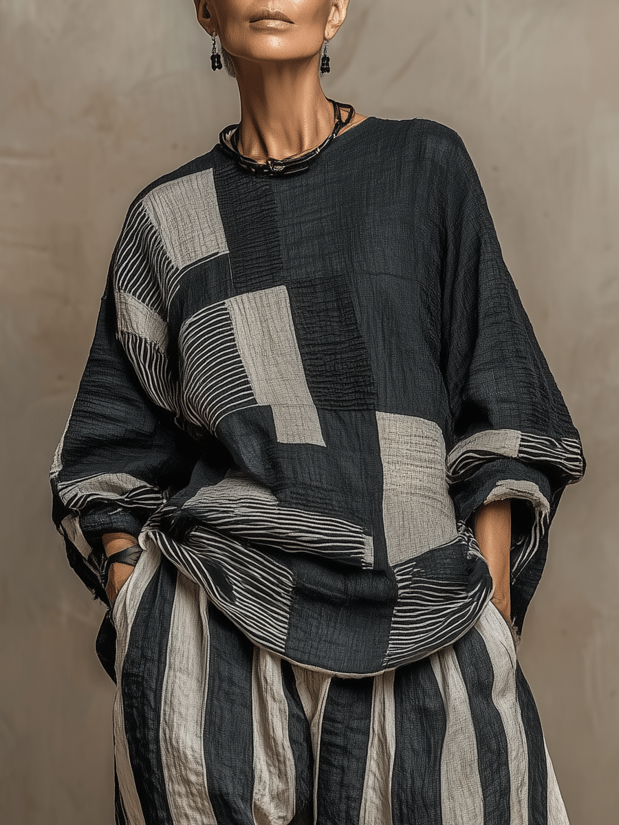 Soft women's colour-block top & striped trouser set, a cozy two-piece loungewear for autumn/winter.