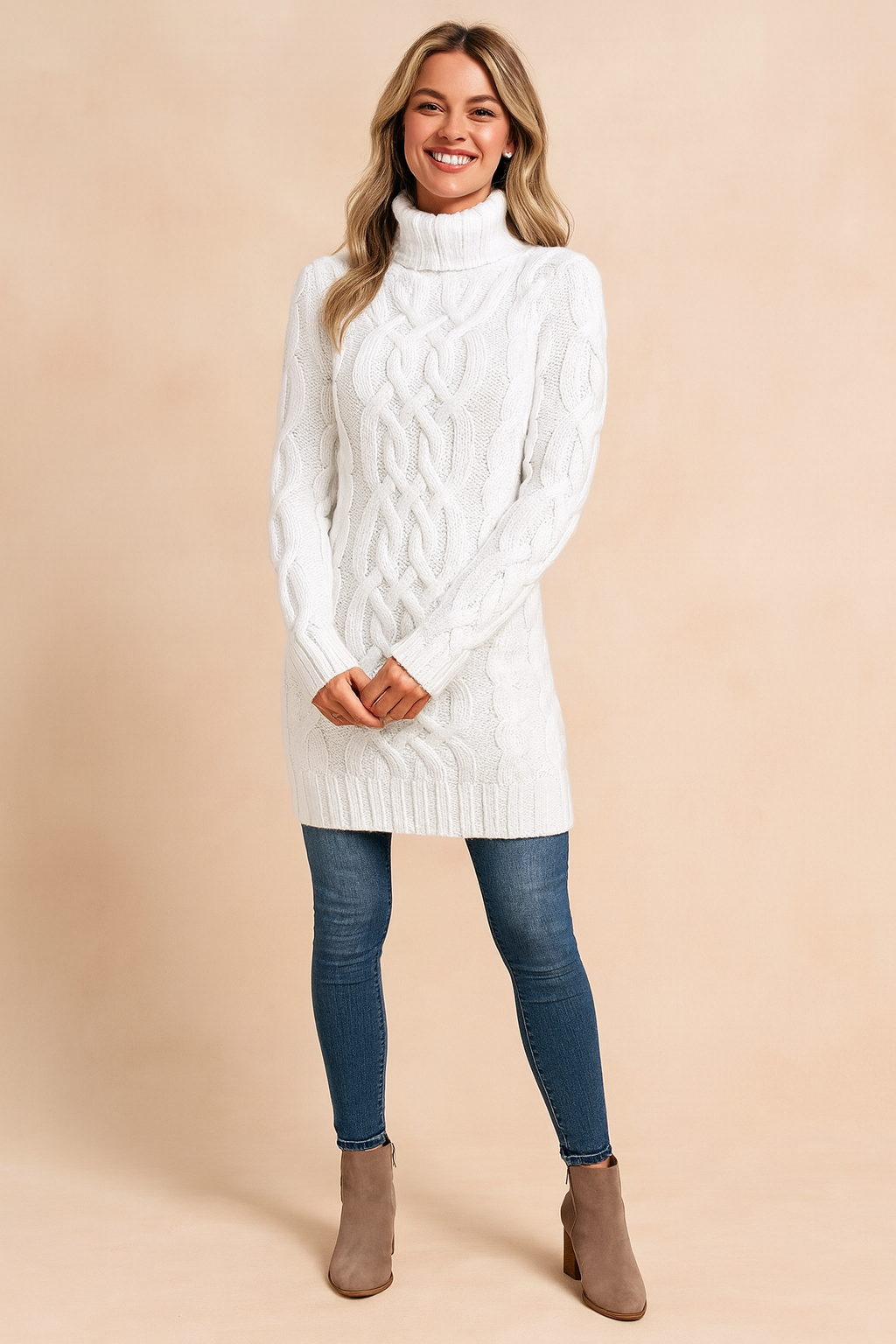 Women's cozy cream turtleneck cable knit sweater dress, long sleeve winter fashion
