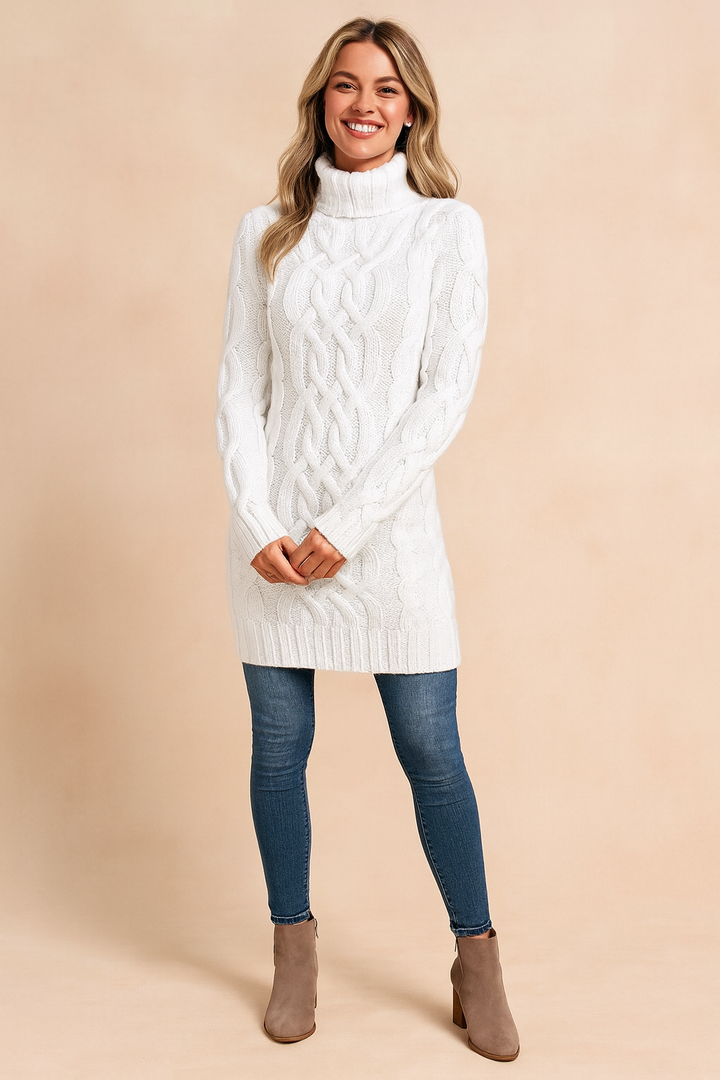 Women's cozy cream turtleneck cable knit sweater dress, long sleeve winter fashion