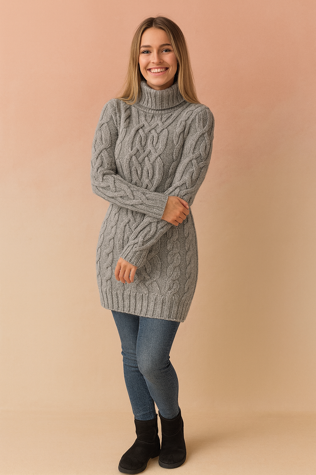 Elegant navy blue women's turtleneck sweater dress, versatile for any occasion