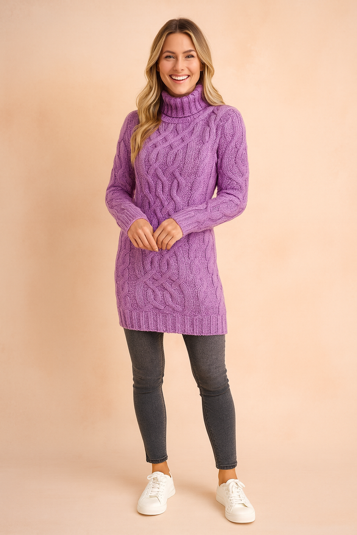 Model wearing a fashionable grey turtleneck cable knit sweater dress, cozy knitwear