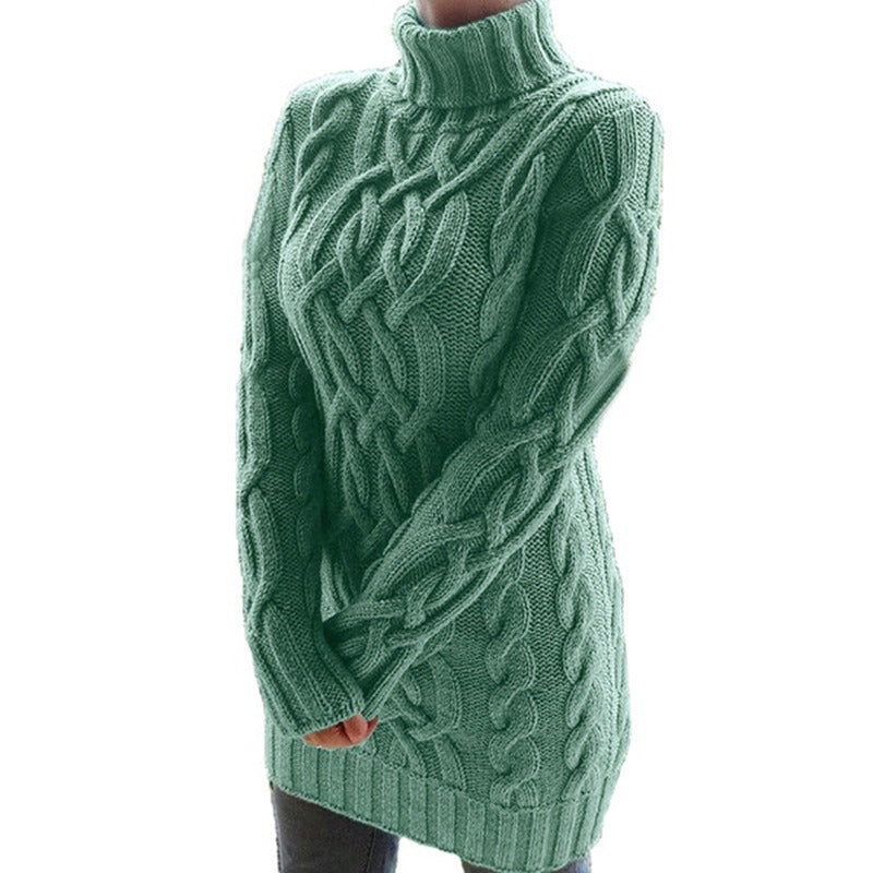 Versatile women's black turtleneck pullover dress, ideal for layering in cold weather