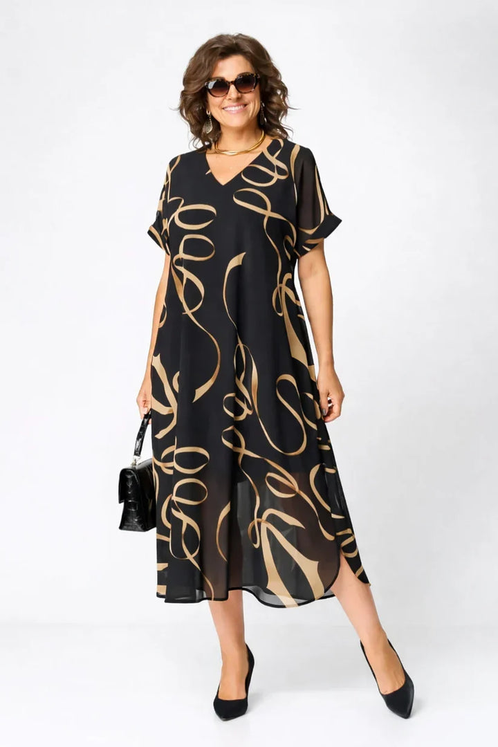 Stylish women's long sleeve v-neck midi dress, versatile for casual or elegant occasions.