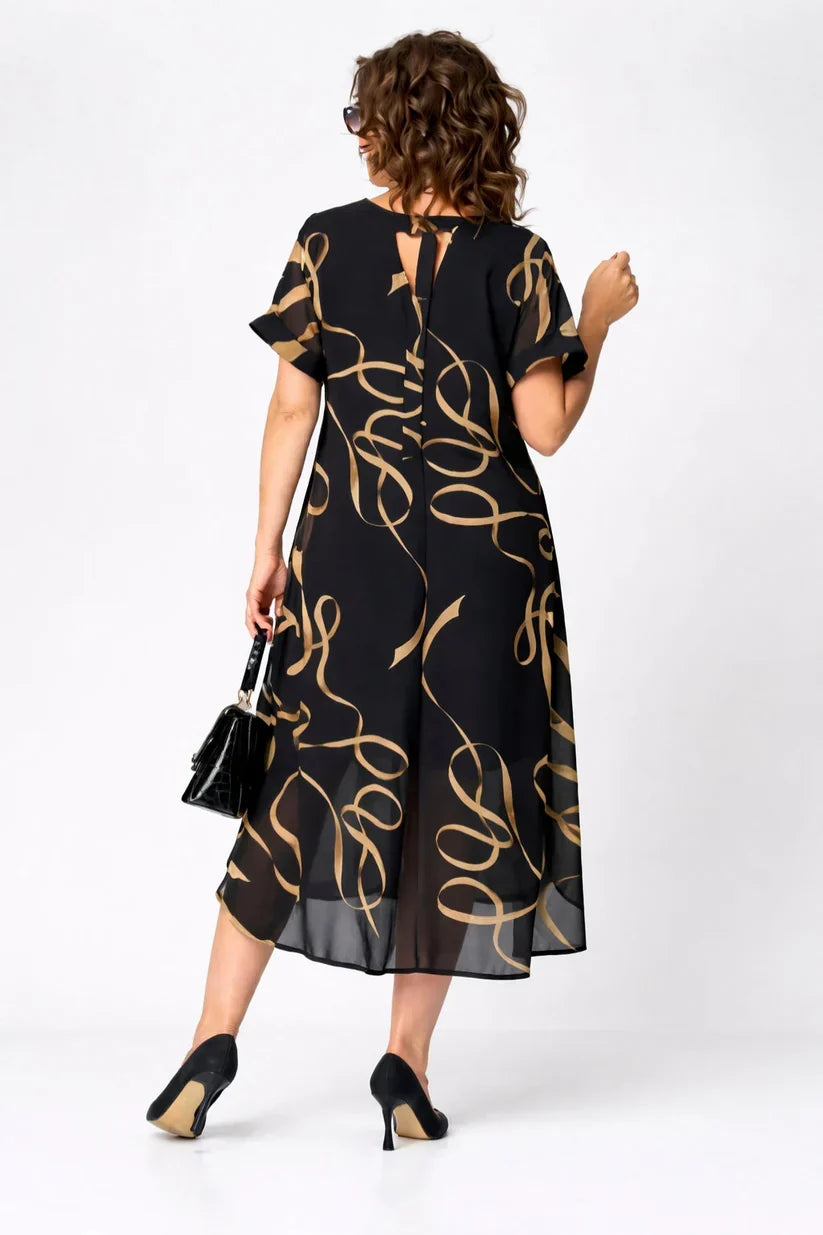 Model wearing a comfortable women's v-neck midi dress, showcasing its elegant and versatile design.