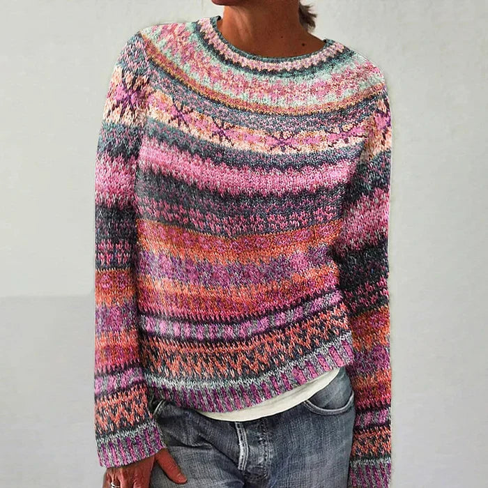 Warm women's Fair Isle pullover sweater. Striped, relaxed fit top for cozy autumn & winter casual wear.