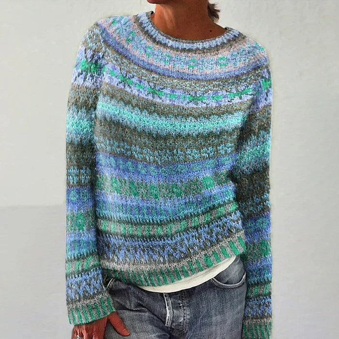 Cozy women's Fair Isle pullover sweater, relaxed fit, round neck design. Ideal warm top for autumn/winter.