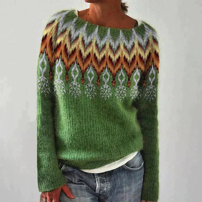 Women's relaxed fit Fair Isle pullover sweater. A cozy, striped top for casual winter fashion & warmth.