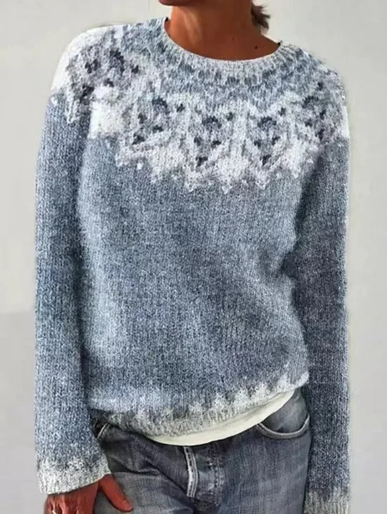 Soft women's Fair Isle pullover sweater featuring a classic pattern, round neck, and cozy relaxed fit.