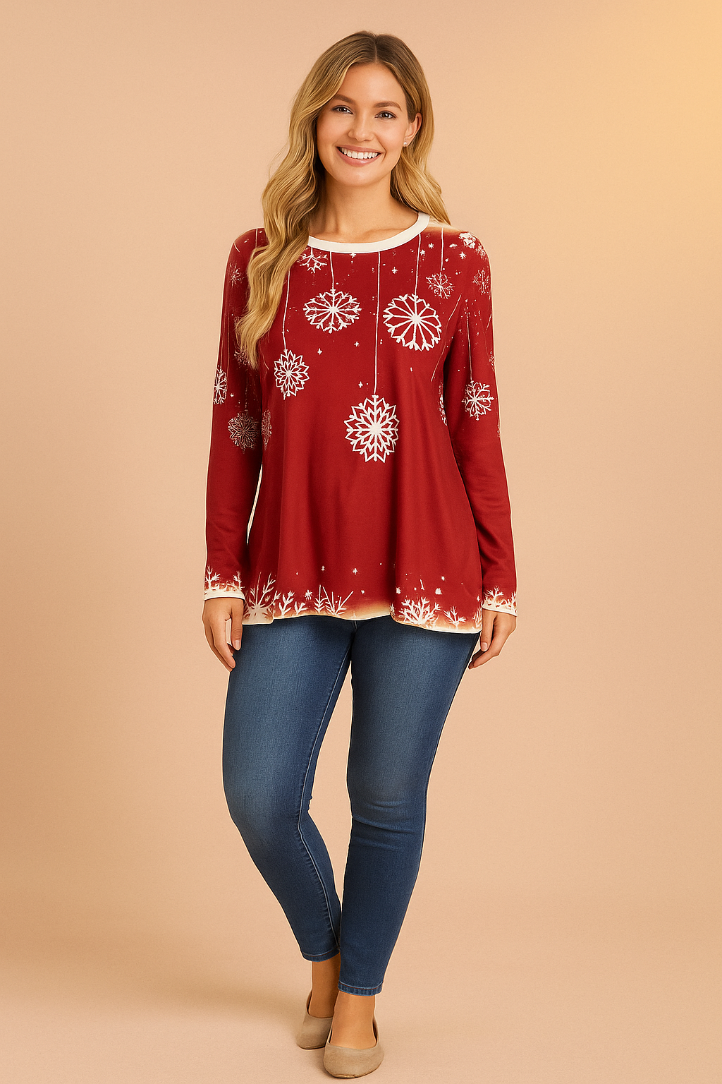Women's cozy festive red Christmas sweater, loose fit pullover for holiday cheer. Warm seasonal apparel, perfect for winter.