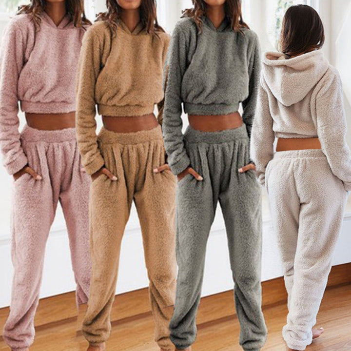 Women's cozy fleece lounge set with hoodie and pants for ultimate comfort.