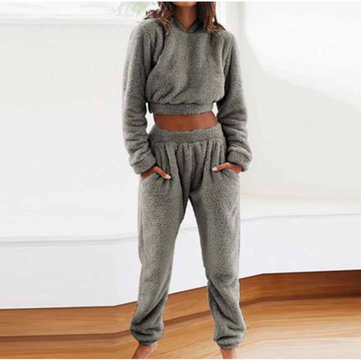 Comfortable fleece hoodie and pants set for women, perfect for casual wear.