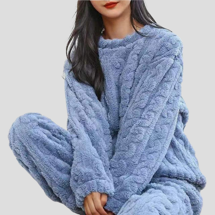 Women's cozy fleece pajama set for warm lounging, soft sleepwear.