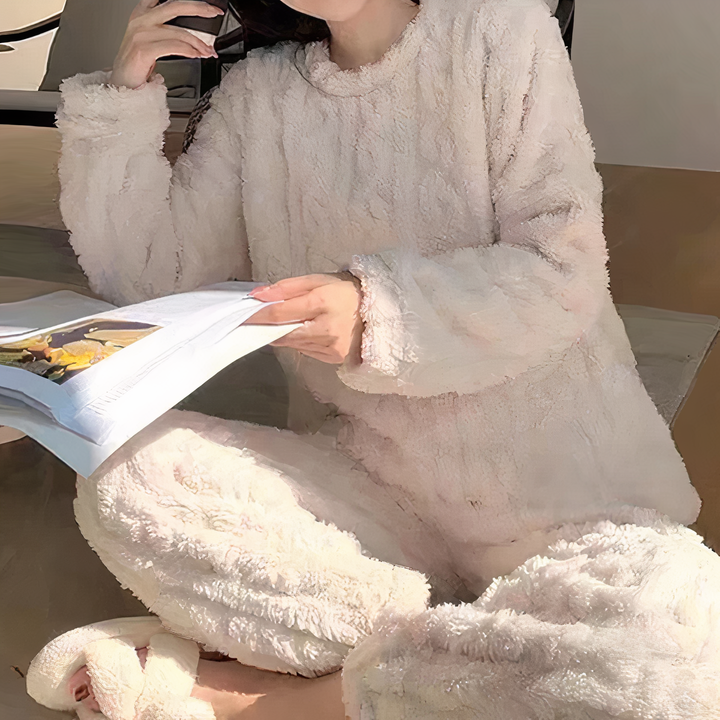 Women's warm fleece pajama set, perfect for cozy winter sleepwear & comfortable loungewear nights.