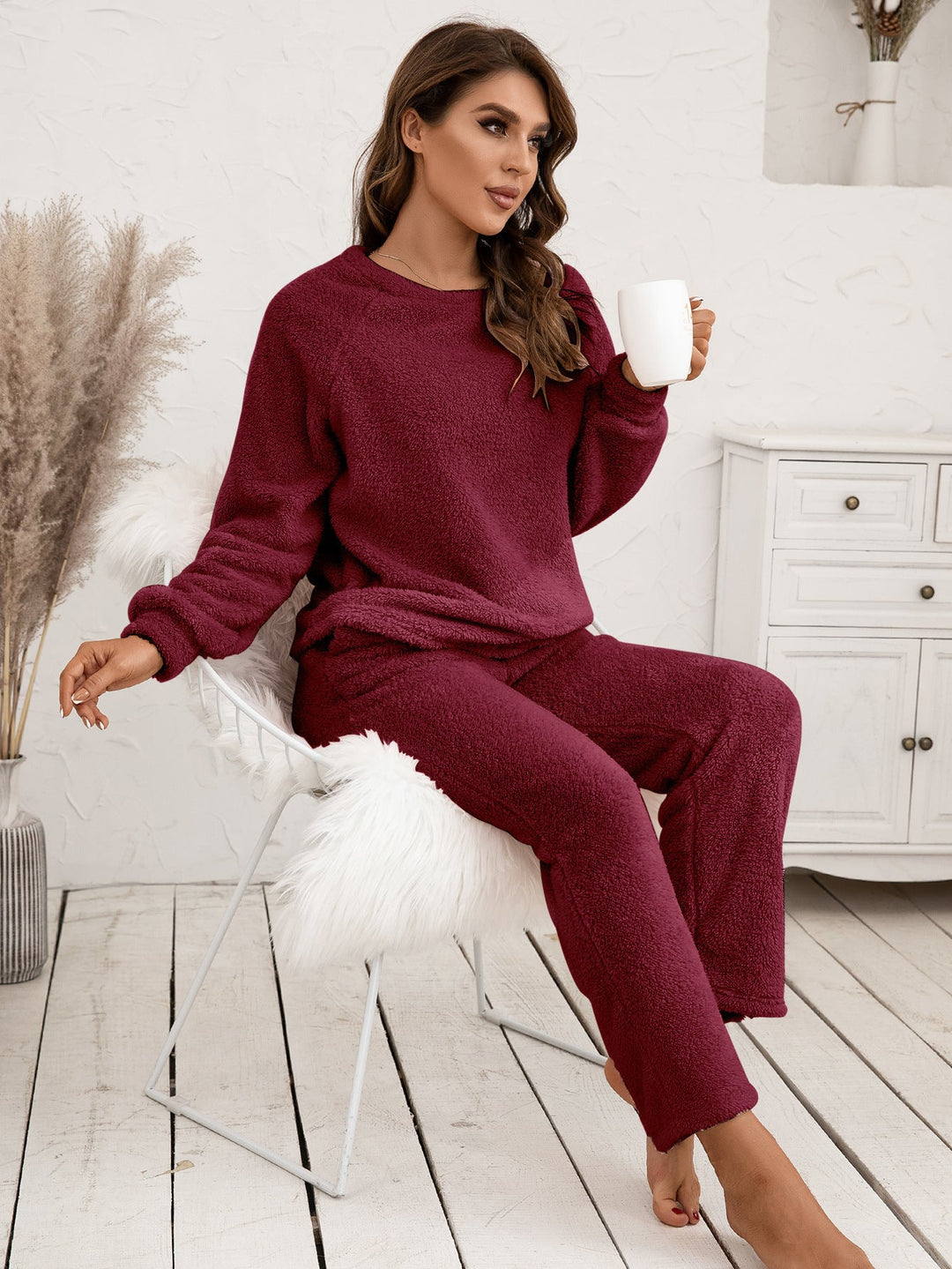 Cozy women's pajama set featuring a long sleeve top and matching pants