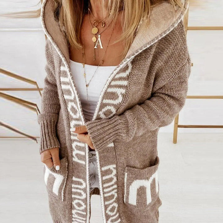 Women's cozy hooded open-front knit cardigan, longline for fall/winter outerwear, relaxed fit.