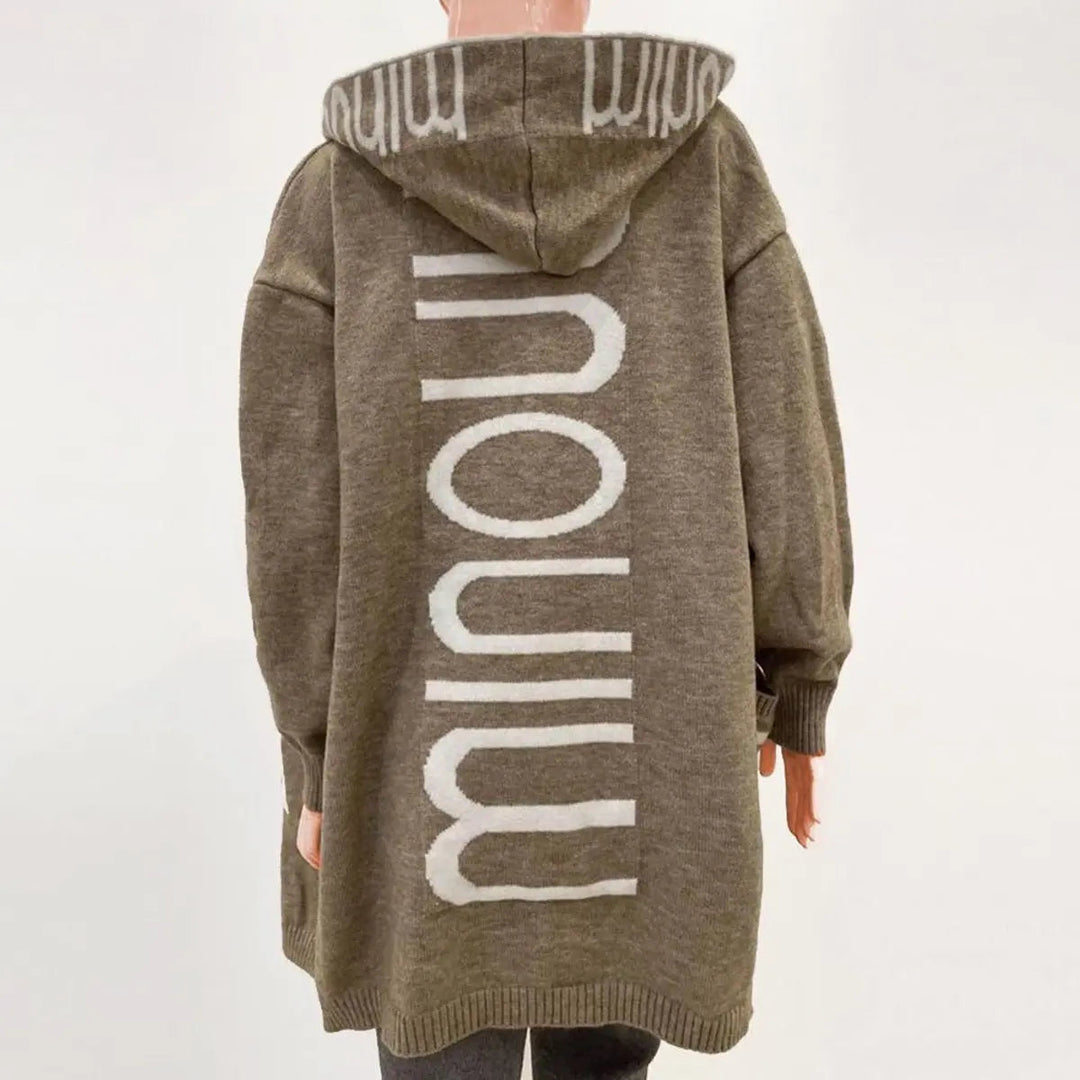 Soft knit longline women's cardigan with hood, open front style, perfect casual jacket.