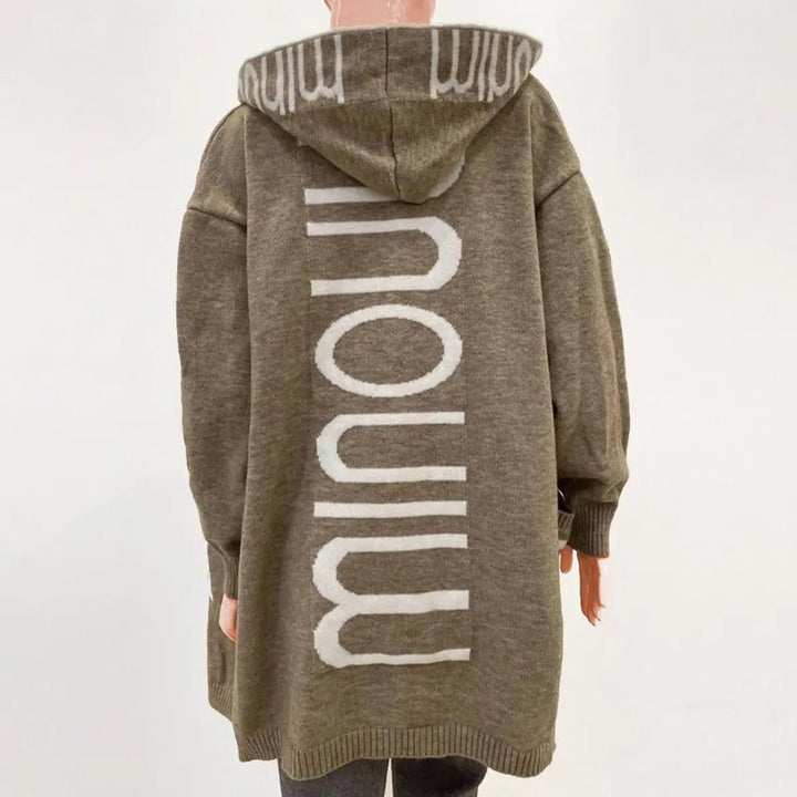 Soft knit longline women's cardigan with hood, open front style, perfect casual jacket.