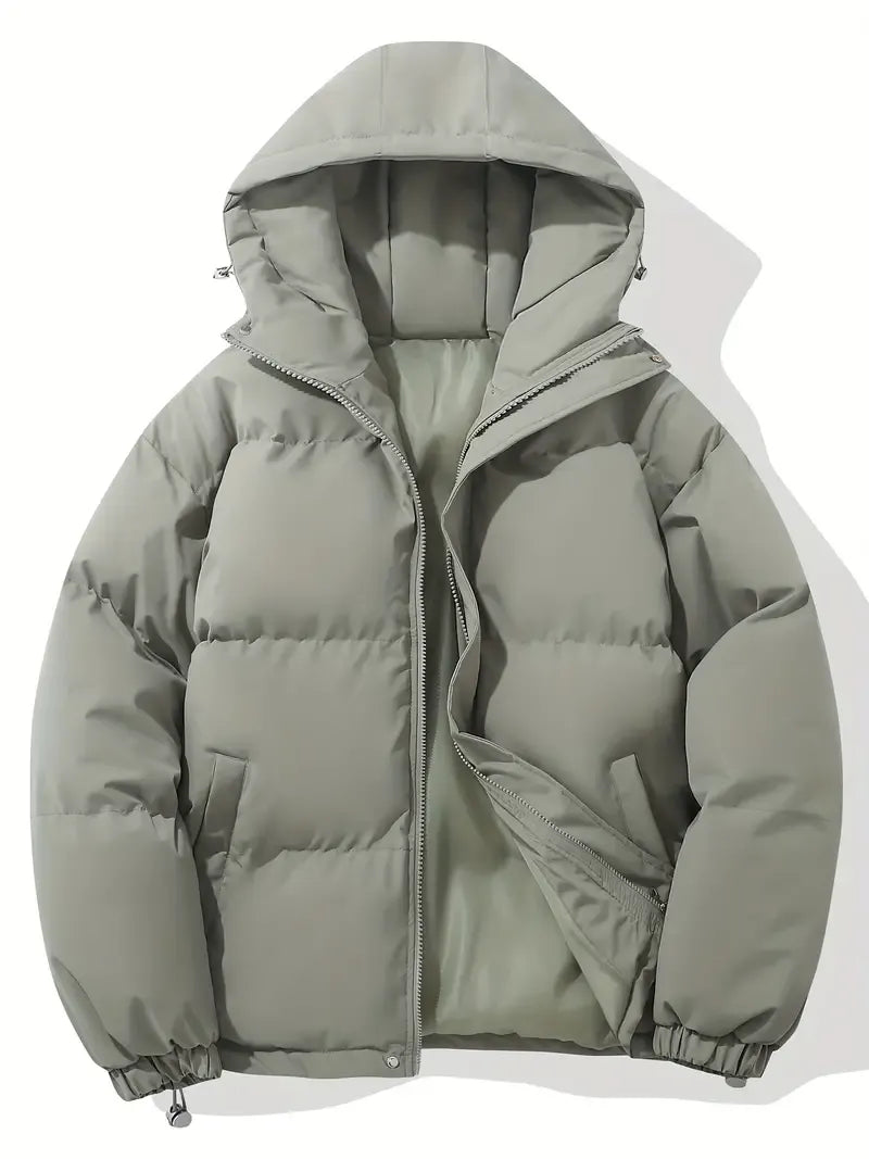 Padded women's hooded puffer jacket. Full zipper, warm insulation for winter fashion & comfort.