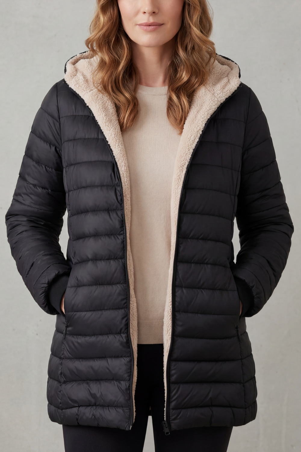 Women's cozy hooded puffer jacket in black, ideal for warm winter outerwear & cold weather.