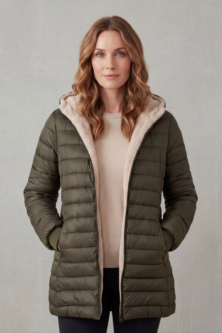 Versatile women's hooded puffer jacket, perfect warm winter outerwear for layering in cold weather conditions.