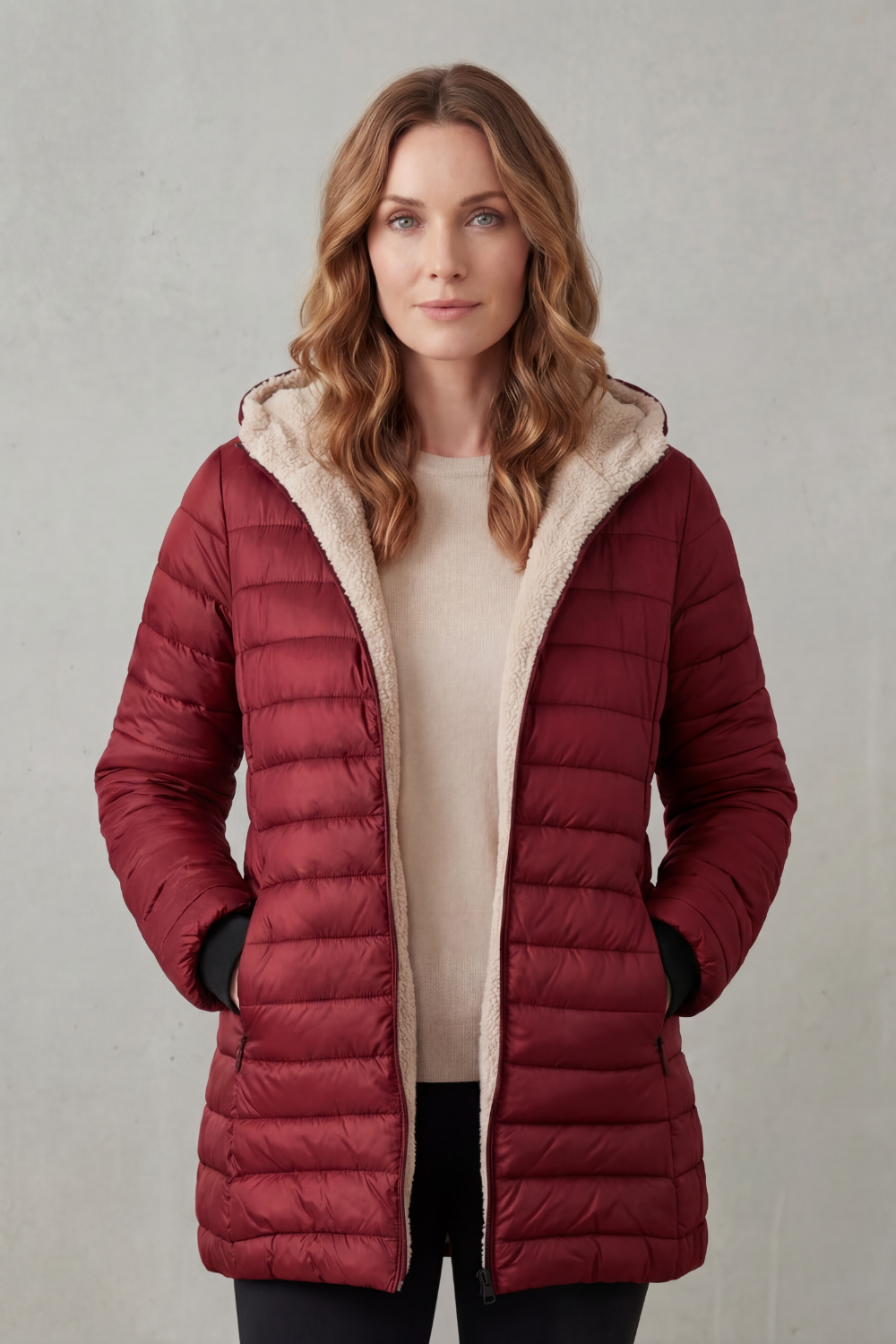 Ultra-cozy women's hooded puffer jacket, providing ultimate warmth as essential winter outerwear for cold days.