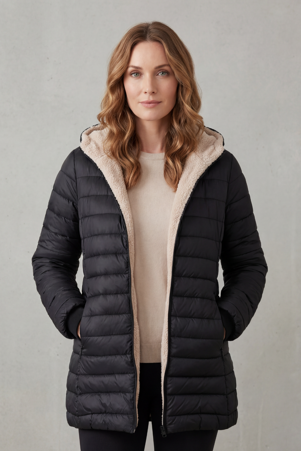 Close-up of a women's plush hooded puffer jacket, showcasing warm, cozy winter outerwear fabric.