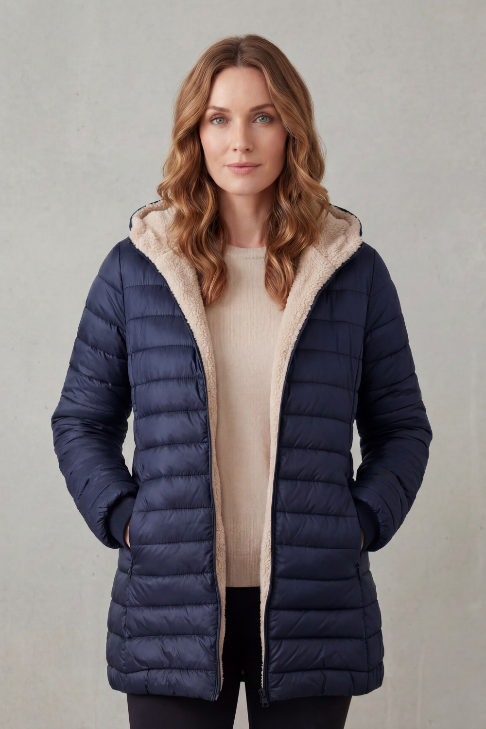 Back view of a women's hooded puffer jacket, featuring a warm design for winter outerwear and cold weather.