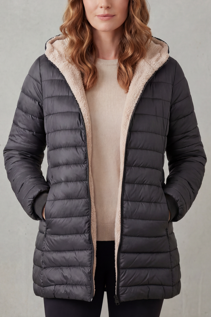 Cream women's cozy hooded puffer jacket, a chic winter coat and warm outerwear for ladies fashion.