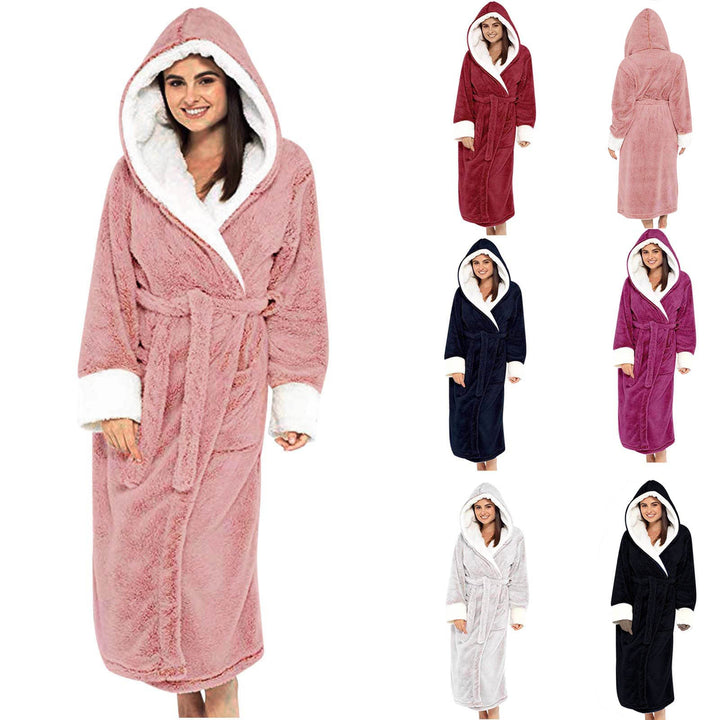 Soft women's hooded loungewear robe, belted for comfort. Ideal for relaxation & sleepwear.