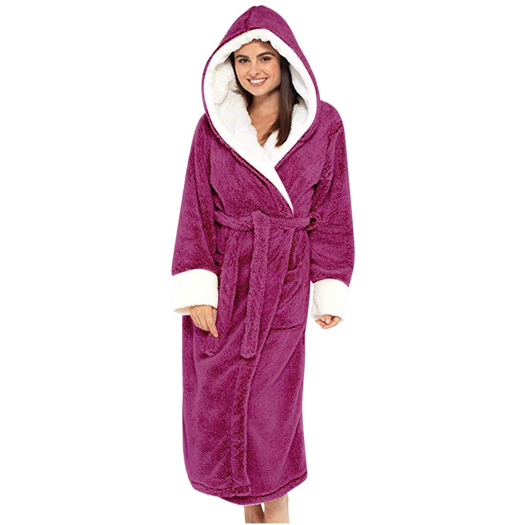 Stylish women's belted loungewear robe with hood, ideal for home comfort & relaxation.