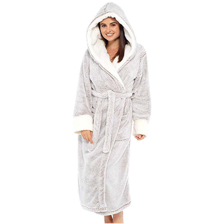 Women's plush hooded loungewear robe with tie belt, perfect for luxurious relaxation.