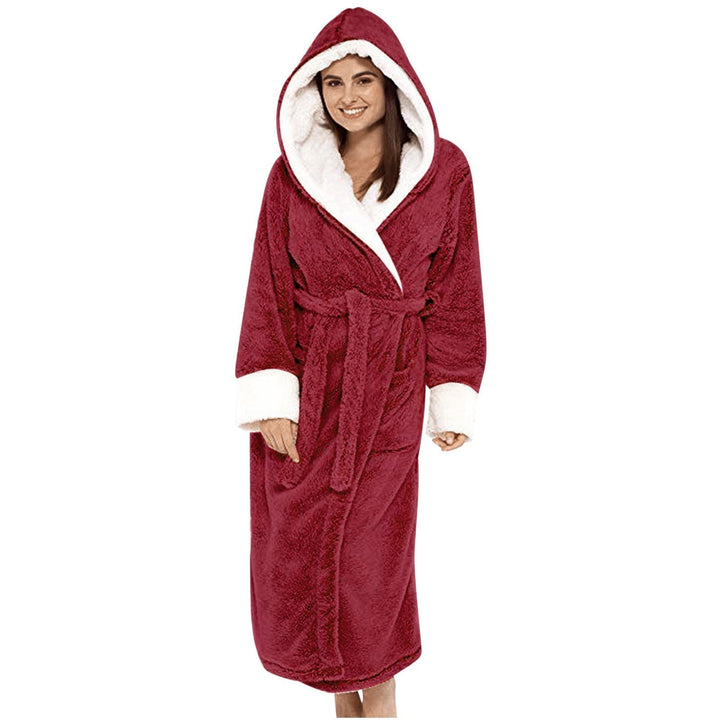 Women's comfortable hooded robe with belt, perfect soft loungewear for relaxing at home.