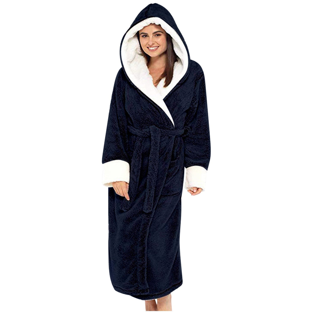Hooded women's cozy robe with a tie belt, perfect for relaxation, loungewear & sleep.
