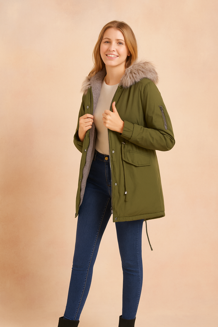 Women's cozy hooded winter parka. Warm, stylish ladies jacket for cold weather, perfect for winter fashion.