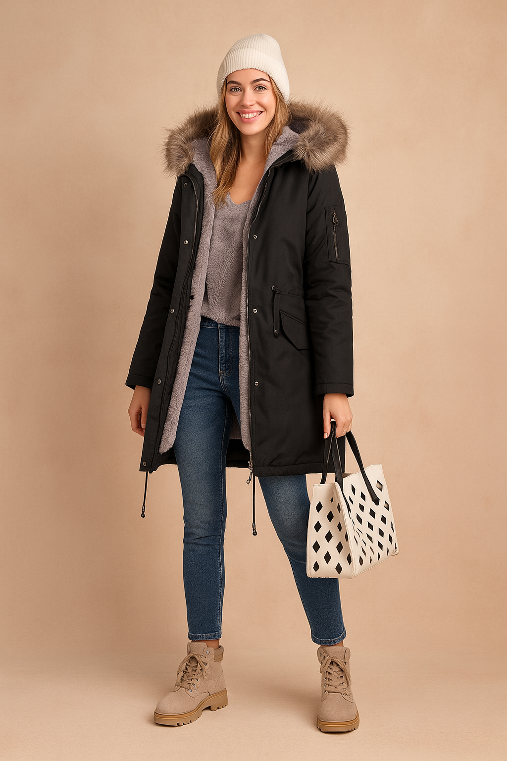 Fashionable women's hooded winter parka. Casual, warm outerwear coat, perfect for cold weather & everyday style.