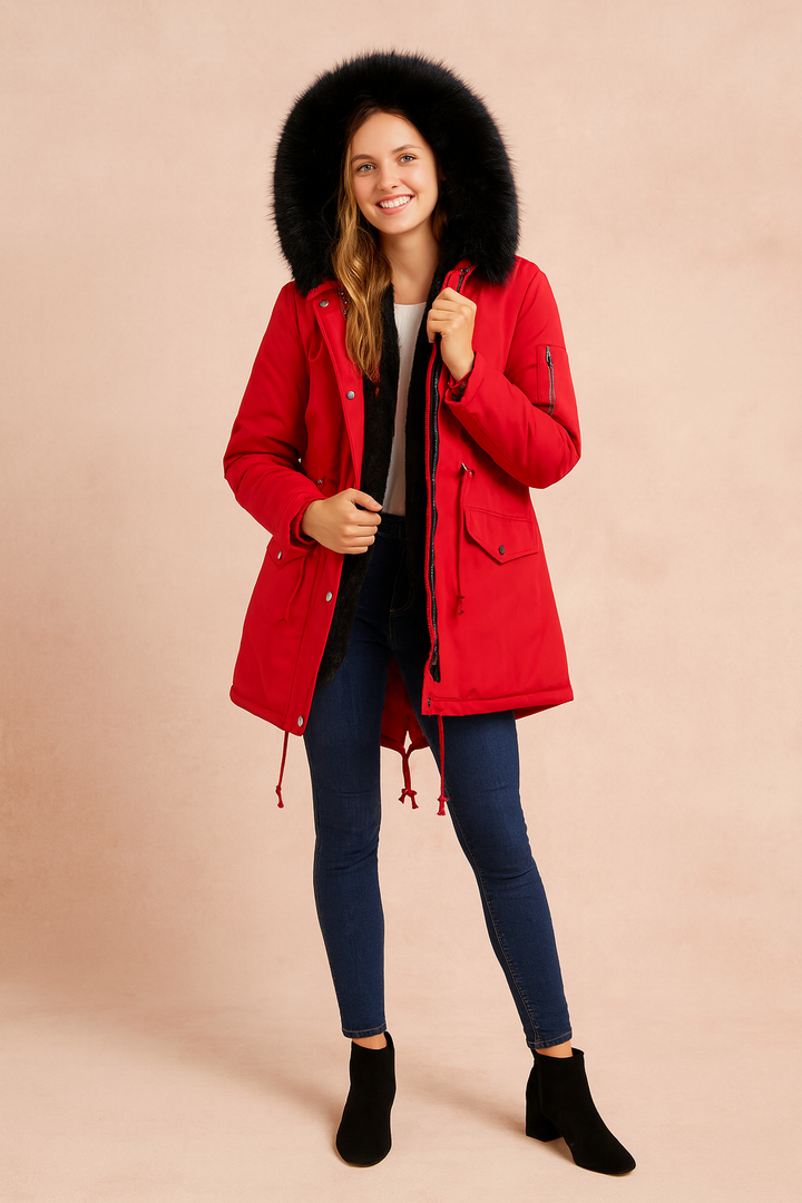 Insulated women's warm winter parka with a cozy hood. Perfect ladies outerwear for cold weather comfort & style.