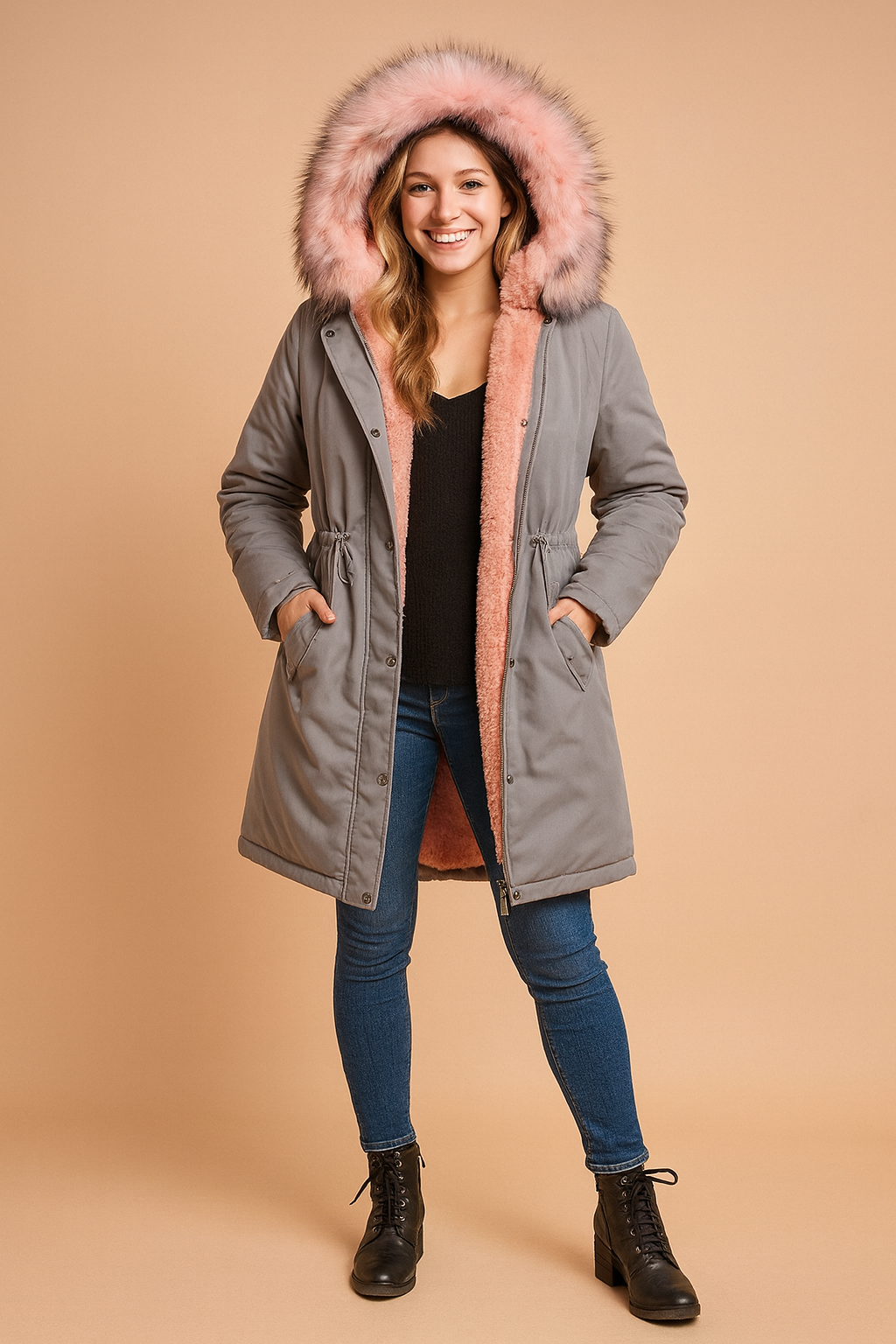 Woman in a stylish women's winter parka with hood. Warm & casual jacket for ladies, ideal for cold weather.