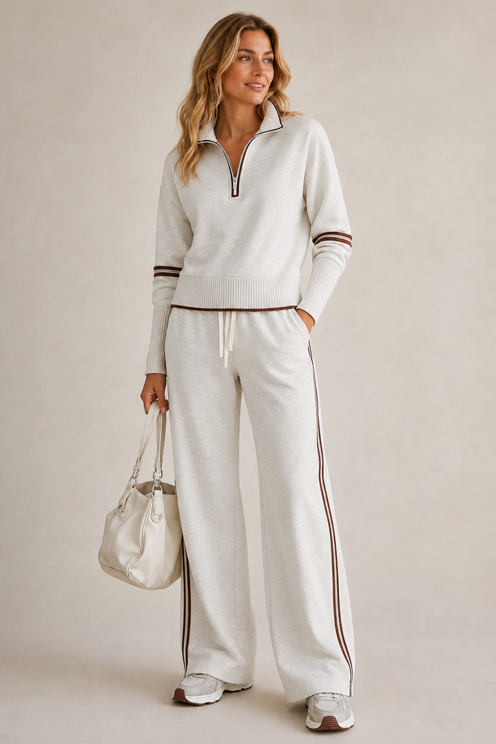 Women's cozy knit two-piece set with quarter zip top and wide-leg pants. Perfect for fall & winter casual wear.