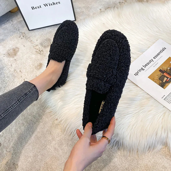 Comfortable slip-on Lana teddy loafers for women, offering cozy warmth and stylish winter casual footwear.