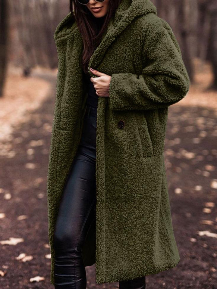 Casual women's long hooded coat. A warm and cozy jacket, stylish for fall and winter everyday wear.