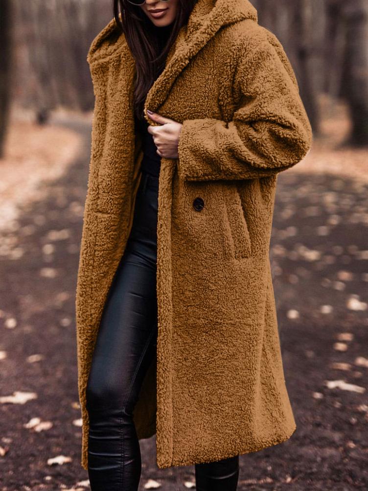 Stylish warm women's long hooded coat. A cozy teddy jacket perfect for winter fashion & fall outerwear.