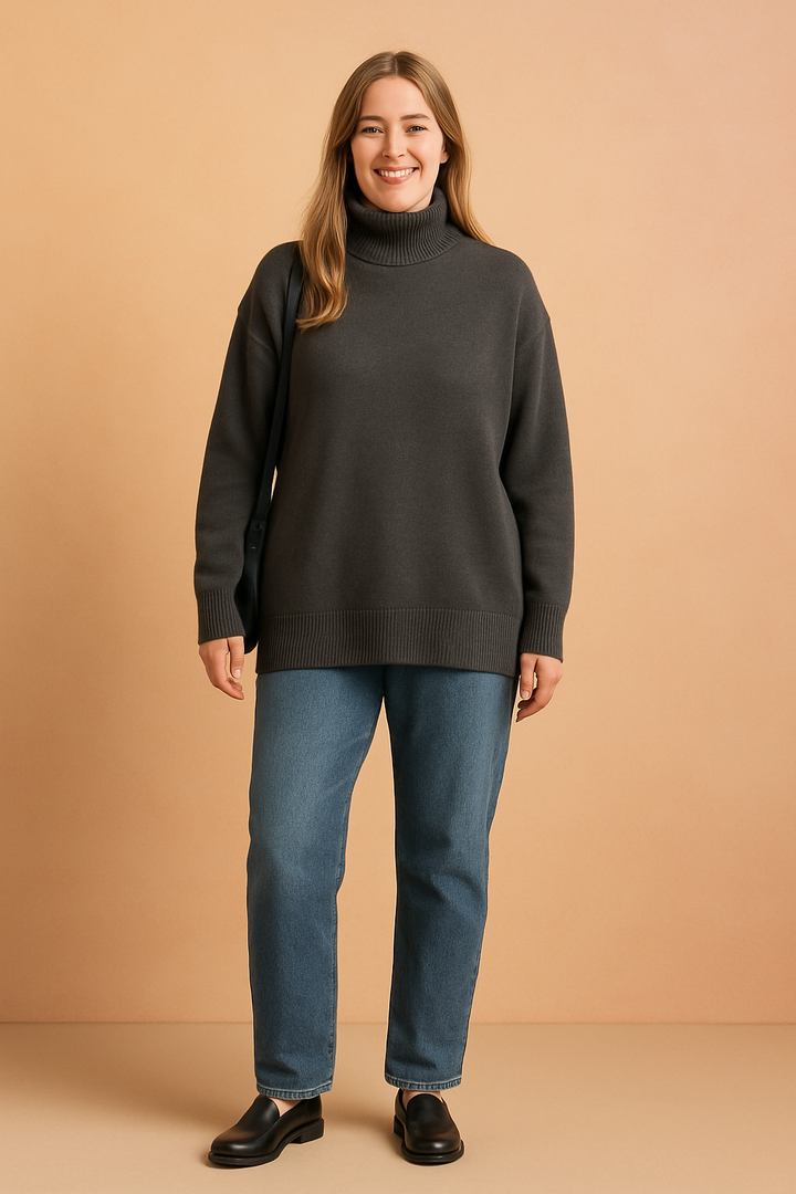 Trendy women's oversized turtleneck sweater. Chic loose fit pullover for modern casual fashion.
