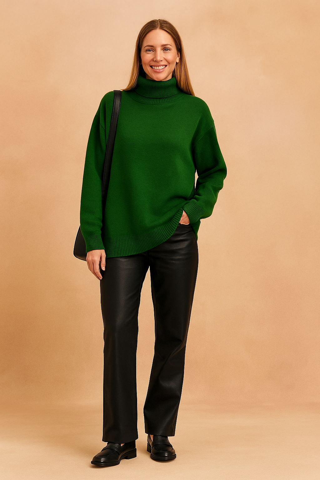Billowy loose fit women's turtleneck sweater, offering comfortable style and a relaxed silhouette.