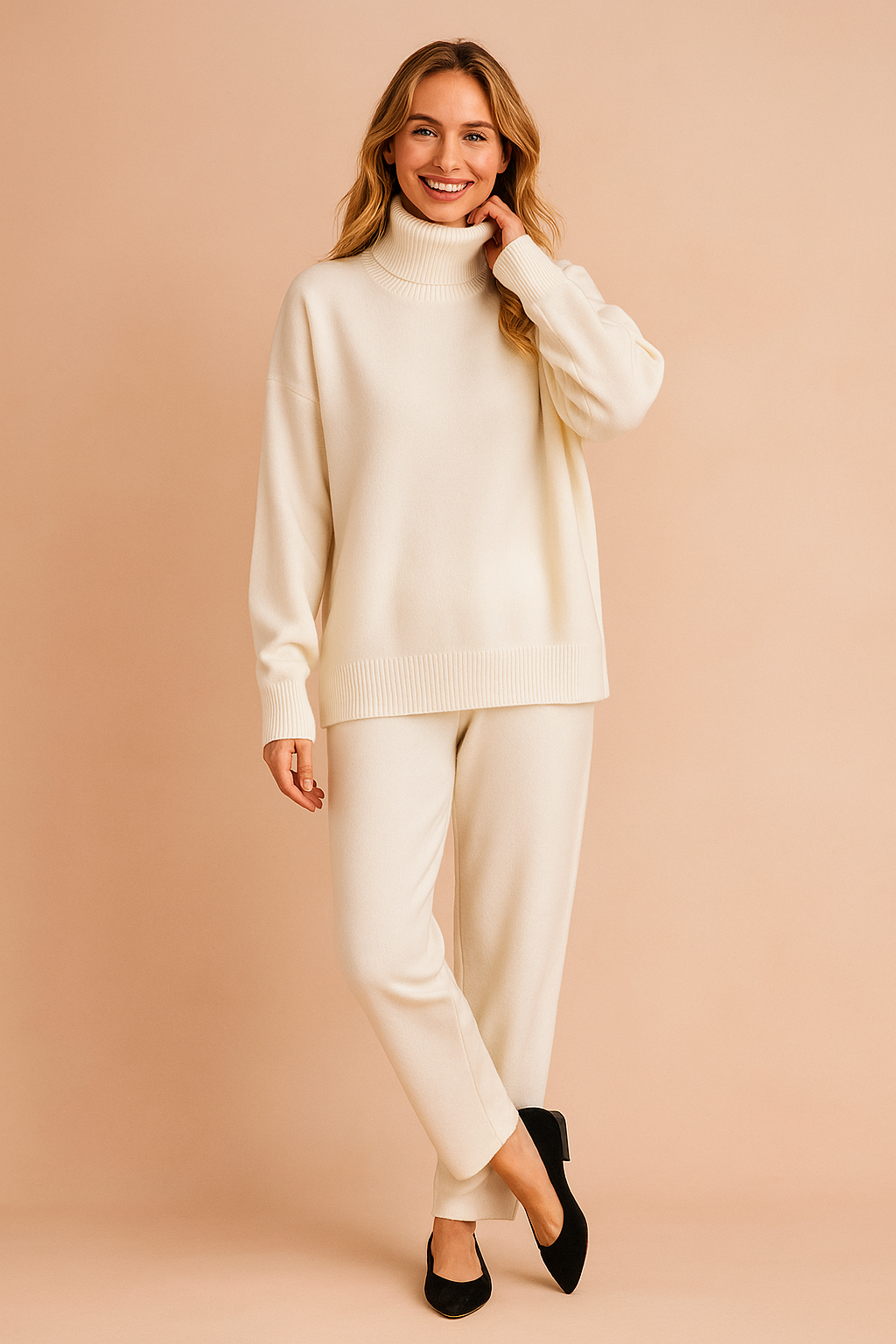 Comfortable women's loose fit turtleneck pullover. Cozy knit sweater, perfect for fall and winter layering.