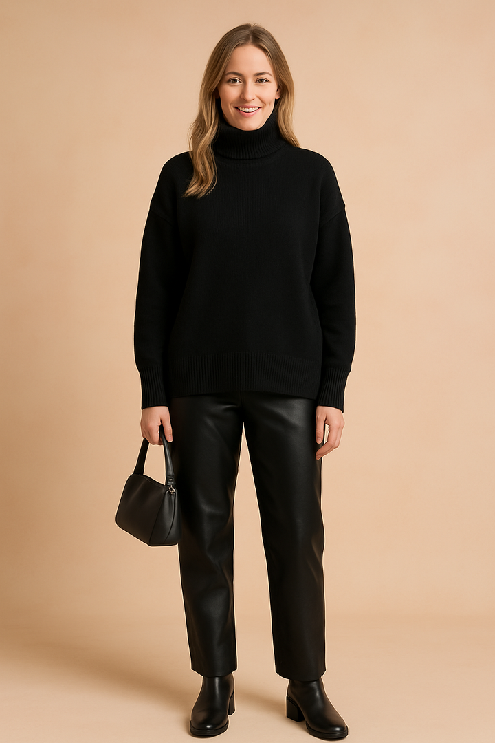 Soft, cozy women's loose fit turtleneck sweater, perfect for comfortable fall and winter warmth.