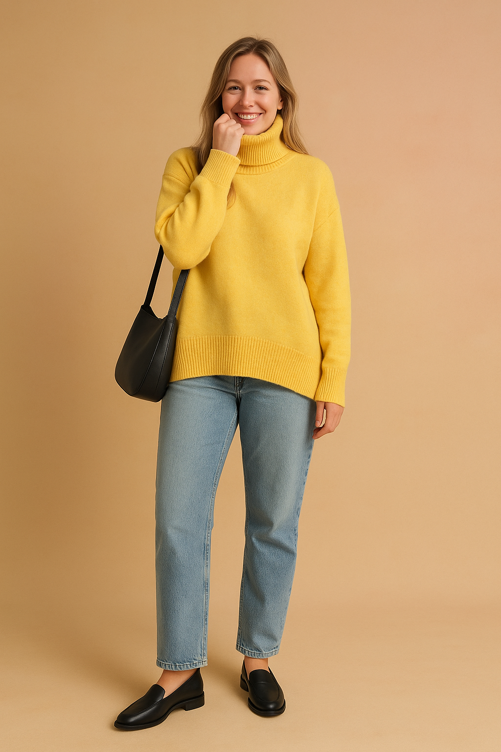 Knit women's loose fit turtleneck pullover. Soft, comfortable, and warm for cold weather.