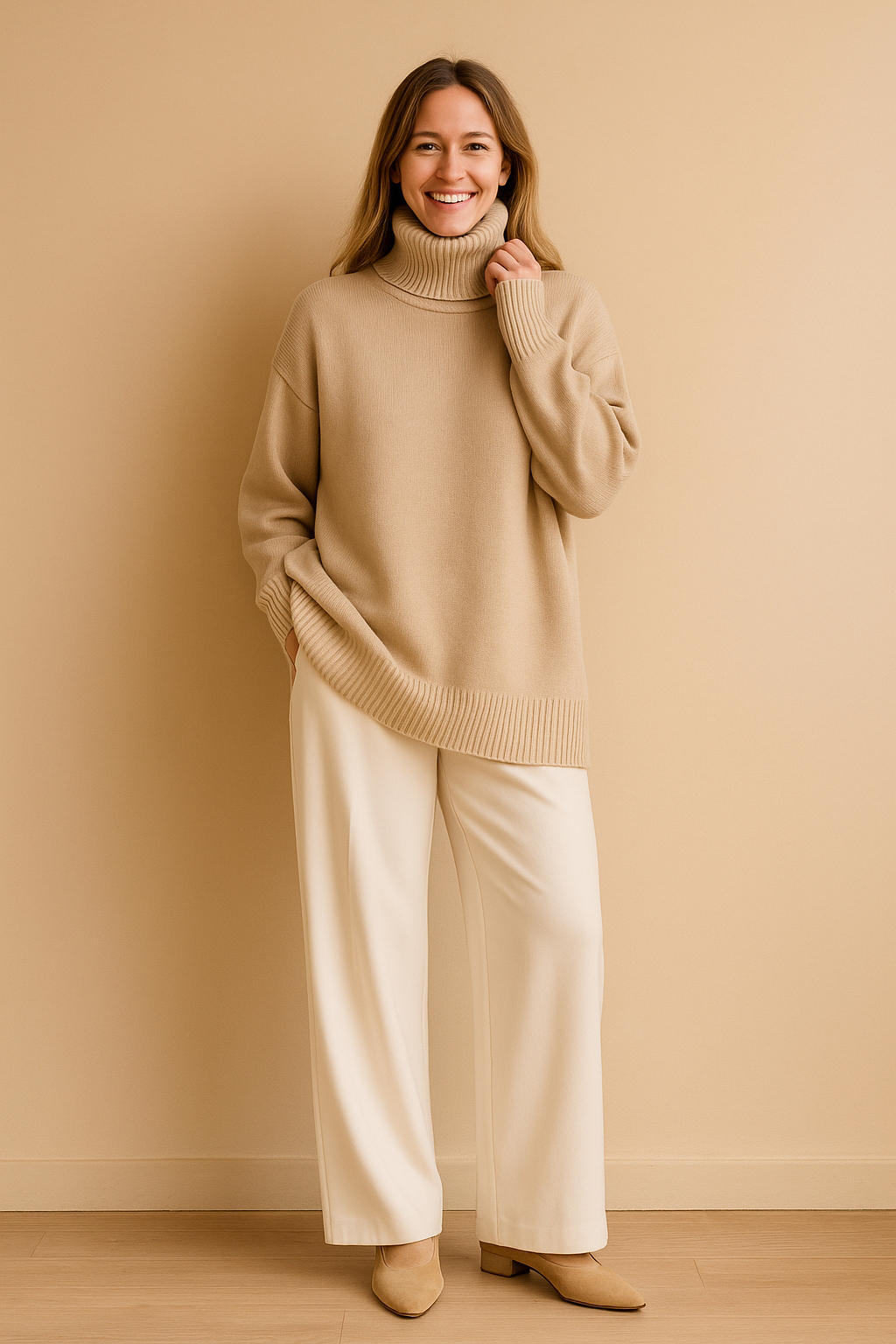 High neck women's loose fit sweater. Cozy pullover knit for comfortable and stylish fall/winter outfits.