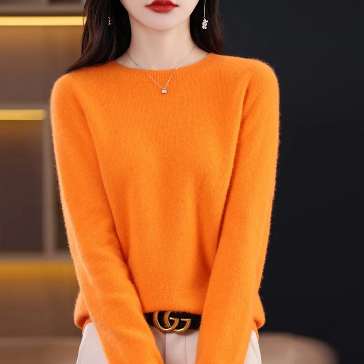 Women's luxury cozy round neck pullover, soft and warm for winter style.