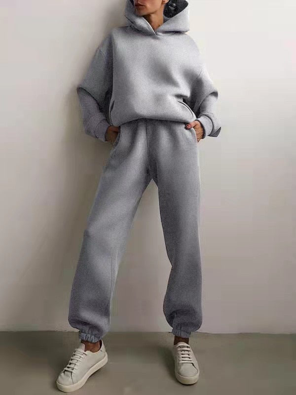 Soft women's comfortable loungewear set with a cozy hoodie & relaxed jogger sweatpants.