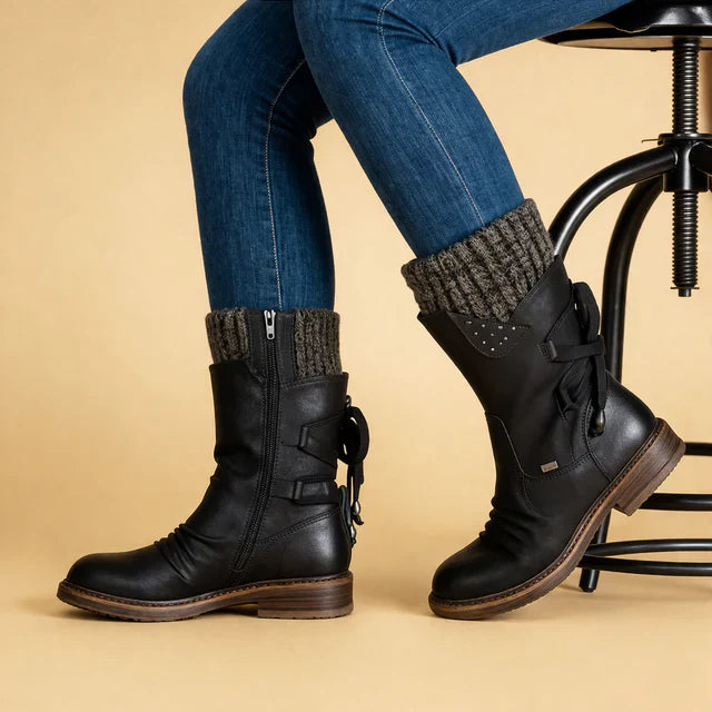 Women's cozy mid-calf boots with knitted cuffs, warm for winter, slip-resistant sole.